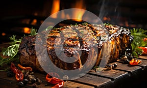 Juicy Grilled T-Bone Steak Cooking over Charcoal Grill Flames Perfectly Seared with Grill Marks