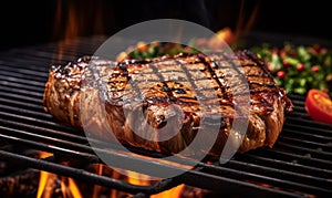 Juicy Grilled T-Bone Steak Cooking over Charcoal Grill Flames Perfectly Seared with Grill Marks