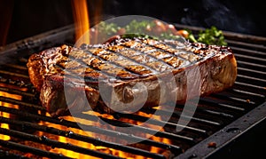 Juicy Grilled T-Bone Steak Cooking over Charcoal Grill Flames Perfectly Seared with Grill Marks