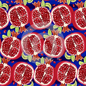 Juicy halves of pomegranate on blue background. Pattern. Vector illustration