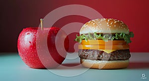 Juicy hamburger and fresh apple display