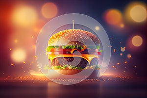 A juicy hamburger with a thick beef patty, lettuce, tomato, and cheese, served on a sesame seed bun, against a blurred