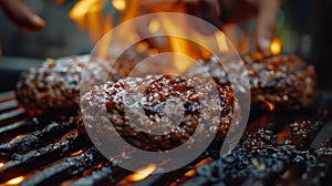 Juicy hamburgers grilling over a smoky barbecue, perfect for summer cookouts