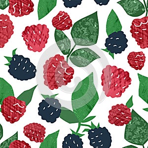 Juicy hand drawn raspberry and blackberry seamless pattern. Ripe fresh wild berries branches with fruits and leaves