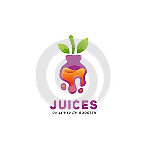 Juicy and healthy fruit pressed bottle juice logo inside purple bottle in liquid drip shape icon logo illustration