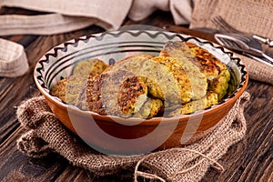 Juicy homemade fried meat and vegetable cutlets with herbs. Turkey, chicken, carrot,  onion, garlic, cubbage, eryngii mushroom,