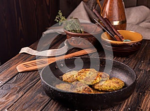 Juicy homemade fried meat and vegetable cutlets with herbs. Turkey, chicken, carrot, onion, garlic, cubbage, eryngii mushroom,