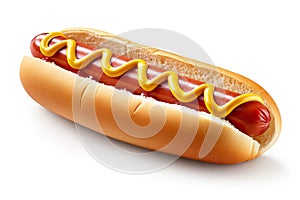 Juicy hot dog with ketchup and mustard, isolated on a pristine white background. created with Generative AI