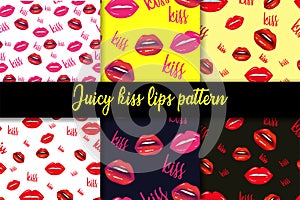 Juicy kiss lips seamless pattern. Bright glamorous glossy lips with red color lips. Vector illustration