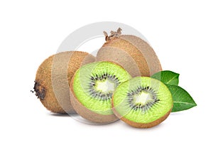 Juicy Kiwi fruit with cut in half and green leaf
