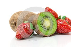 Juicy kiwi and strawberry close-up on white background