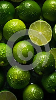 Juicy limes, some whole and some halved, covered in droplets of water against a dark background.