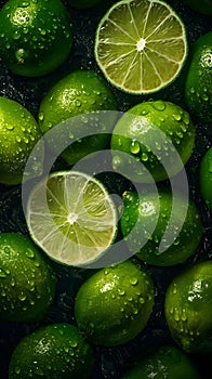 Juicy limes, some whole and some halved, covered in droplets of water against a dark background.