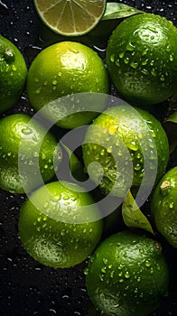 Juicy limes, some whole and some halved, covered in droplets of water against a dark background.