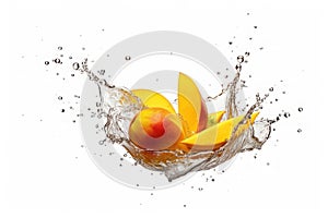 Juicy mango and splashes of water on a white background. AI generative