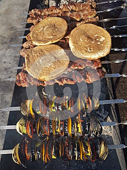 Juicy marinated in spices meat kebab on skewers, cooked and fried on a fire and charcoal barbecue grill, in the nature of snowy