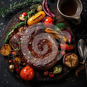 Juicy medium rare beef steak with spices and grilled vegetables. Top view. Generative AI
