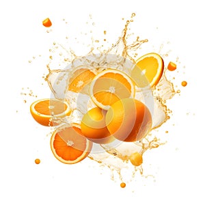 Juicy orange slices splash citrus liquids fresh fruits white background