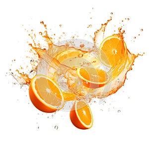 Juicy orange slices splash citrus liquids fresh fruits white background