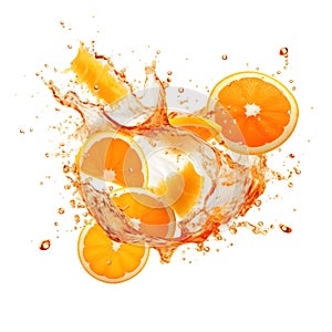 Juicy orange slices splash fluids liquids fresh fruits white background