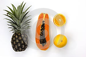 Juicy Oranges cut isolated and a piece of papaya sliced white background, SET of Healthy fruits, papaya, Oranges, pineapple for