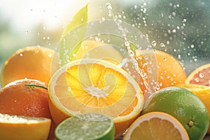 Juicy oranges, lemons and limes. Citrus fruits, sunshine, splashes of water and freshness. Generative AI