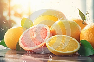 Juicy oranges, lemons and limes. Citrus fruits, sunshine, splashes of water and freshness. Generative AI