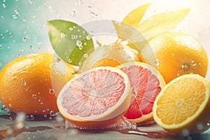 Juicy oranges, lemons and limes. Citrus fruits, sunshine, splashes of water and freshness. Generative AI