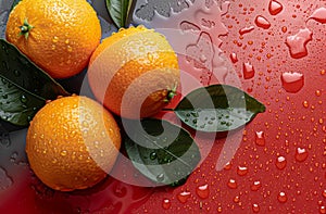 Juicy oranges with water droplets on red background