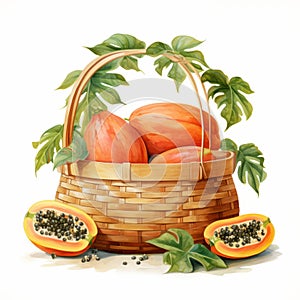 Juicy Papaya Fruits In A Picnic Basket - Watercolor Illustration
