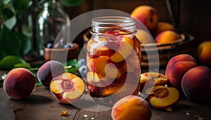 Juicy peach slice on rustic wood table, a refreshing snack generated by AI