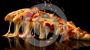 Juicy piece of delicious Italian pizza, melted cheese dripping down, pizza with vegetables