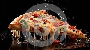 Juicy piece of delicious Italian pizza, melted cheese dripping down, pizza with vegetables