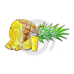 Juicy pineapple fruit with glass of juice
