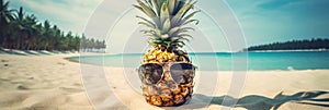 Juicy pineapple with sunglasses on the beautiful summer beach