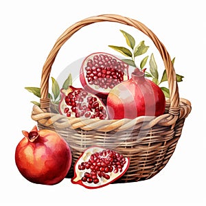 Juicy Pomegranate Watercolor Illustrations In Picnic Basket