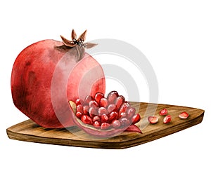 Šťavnatý granátové jablká na drevený doska akvarel ilustrácie celý plátok a semená na bielom 
