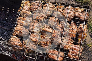 Juicy pork meat grilled outdoor on smouldering carbons