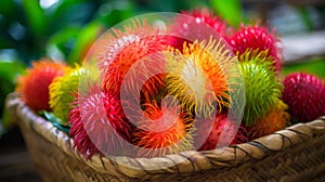 Juicy rambutans in a vibrant basket, tropical fruit close up
