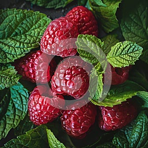 Juicy raspberries displayed on a bed of fresh mint leaves, allowing space for descriptive text