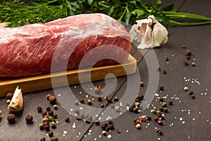 Juicy raw meat with spices, pepper, sea salt and herbs
