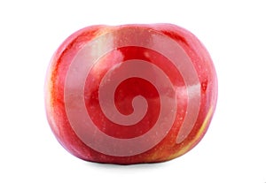 A juicy red apple close-up. Ripe, nutritious, tasty, bright fruit, on a white background. A healthful breakfast.