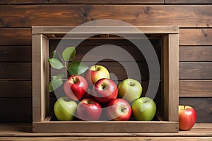 Apples in a box on a wooden shelf. A framework on a wooden background