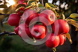 Juicy red apples glistening with raindrops grow on the trees. Apple farm agriculture.