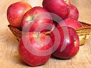 Juicy red organic apples in a basket on oak tree wood background. Autumn Fall season orchard harvest production.