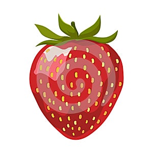 Juicy red single strawberry with leaves. Isolated vector. Summer clipart for flat design