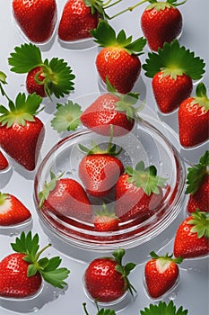 Juicy red strawberries lie on a round glass plate and on the table around. Harvest of fresh summer berries