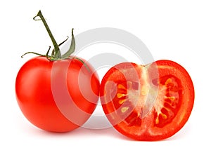 Juicy red tomato with half is isolated on a white background. Full clipping path