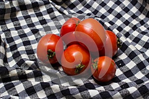 Juicy red tomatoes in table cloth . caro background photo