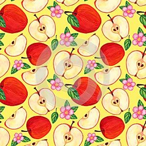 Juicy red watercolor apples seamless pattern with apple slices